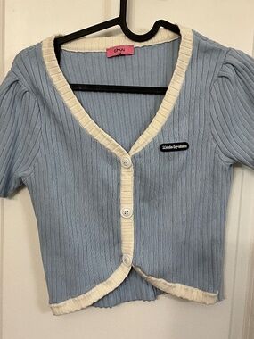 Chuu Blue Ribbed Crop Cardigan Puff Sleeve Size xs/s